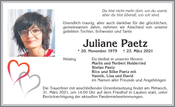 Traueranzeige von Juliane Paetz von Allgäuer Zeitung,Kempten