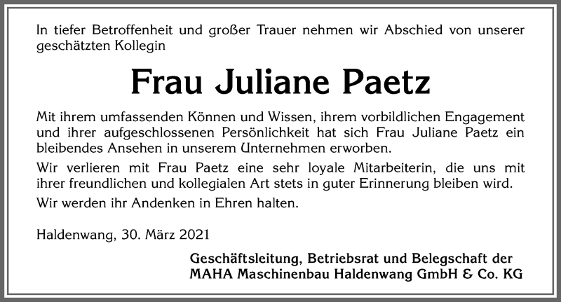  Traueranzeige für Juliane Paetz vom 30.03.2021 aus Allgäuer Zeitung,Kempten