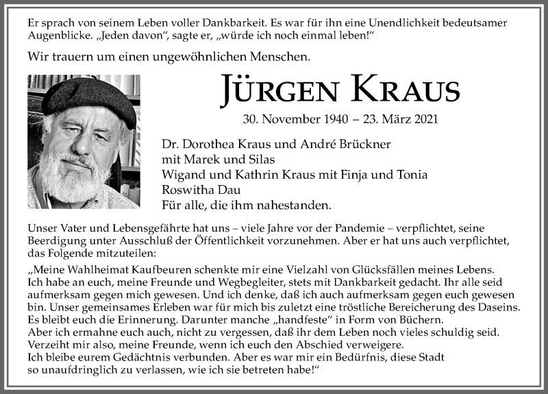  Traueranzeige für Jürgen Kraus vom 26.03.2021 aus Allgäuer Zeitung, Kaufbeuren/Buchloe