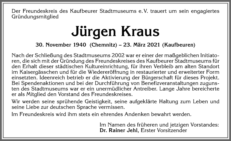  Traueranzeige für Jürgen Kraus vom 31.03.2021 aus Allgäuer Zeitung, Kaufbeuren/Buchloe