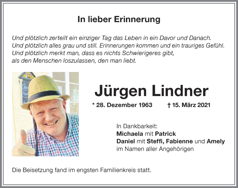  Traueranzeige für Jürgen Lindner vom 27.03.2021 aus Memminger Zeitung