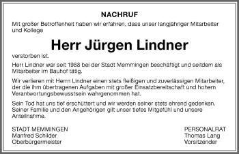 Traueranzeige von Jürgen Lindner von Memminger Zeitung