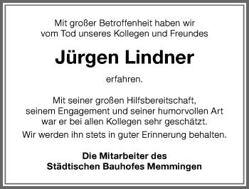 Traueranzeige von Jürgen Lindner von Memminger Zeitung