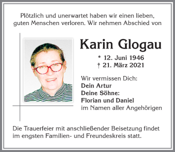 Traueranzeige von Karin Glogau von Allgäuer Zeitung,Kempten
