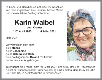 Traueranzeige von Karin Waibel von Memminger Zeitung