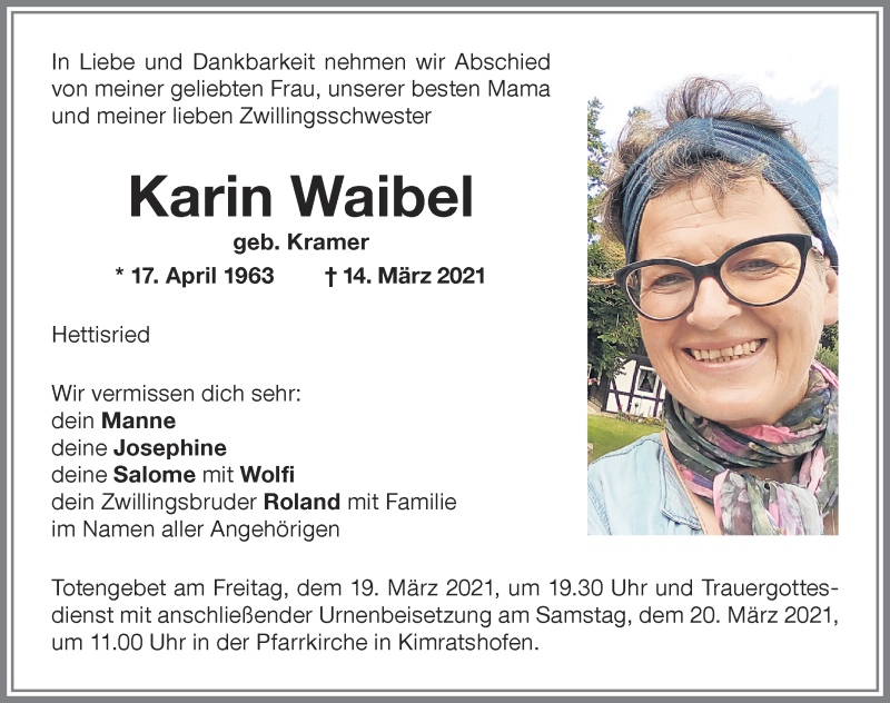  Traueranzeige für Karin Waibel vom 18.03.2021 aus Memminger Zeitung