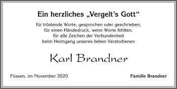 Traueranzeige von Karl Brandner von Allgäuer Zeitung, Füssen
