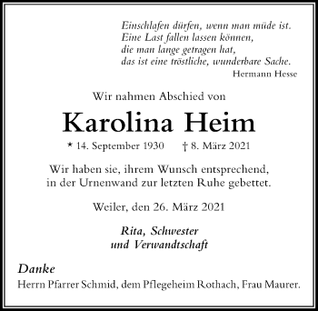 Traueranzeige von Karolina Heim von Der Westallgäuer
