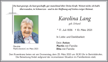 Traueranzeige von Karolina Lang von Allgäuer Zeitung, Marktoberdorf