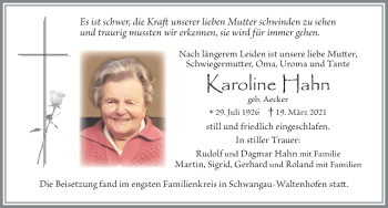 Traueranzeige von Karoline Hahn von Allgäuer Zeitung, Füssen