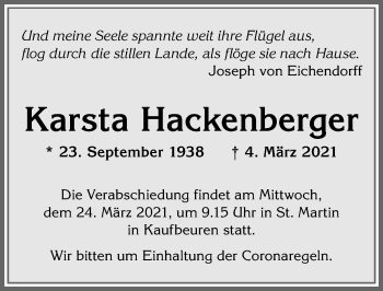 Traueranzeige von Karsta Hackenberger von Allgäuer Zeitung, Kaufbeuren/Buchloe