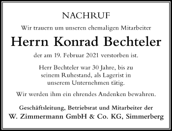 Traueranzeige von Konrad Bechteler von Der Westallgäuer