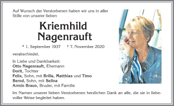 Traueranzeige von Kriemhild Nagenrauft von Allgäuer Zeitung,Kempten