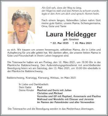Traueranzeige von Laura Heidegger von Allgäuer Anzeigeblatt
