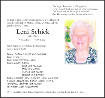 Traueranzeige von Leni Schick von Der Westallgäuer