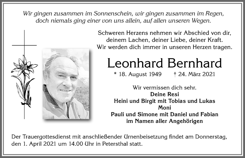  Traueranzeige für Leonhard Bernhard vom 27.03.2021 aus Allgäuer Zeitung,Kempten