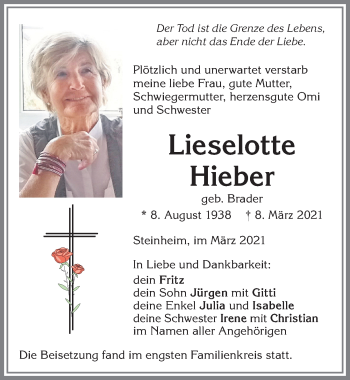 Traueranzeige von Lieselotte Hieber von Memminger Zeitung