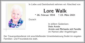 Traueranzeige von Lore Walk von Allgäuer Zeitung,Kempten