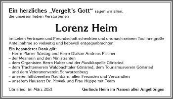 Traueranzeige von Lorenz Heim von Allgäuer Zeitung, Marktoberdorf