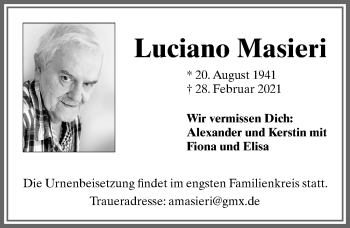 Traueranzeige von Luciano Masieri von Allgäuer Zeitung, Kaufbeuren/Buchloe