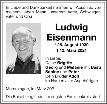 Traueranzeige von Ludwig Eisenmann von Memminger Zeitung