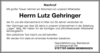 Traueranzeige von Lutz Gehringer von Memminger Zeitung