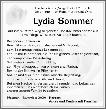 Traueranzeige von Lydia Sommer von Allgäuer Zeitung, Füssen