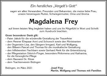Traueranzeige von Magdalena Frey von Allgäuer Zeitung, Marktoberdorf