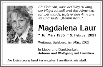 Traueranzeige von Magdalena Laur von Allgäuer Zeitung,Kempten