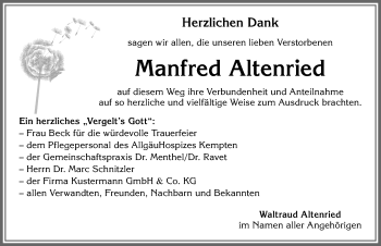 Traueranzeige von Manfred Altenried von Allgäuer Zeitung,Kempten