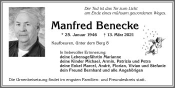 Traueranzeige von Manfred Benecke von Allgäuer Zeitung, Kaufbeuren/Buchloe