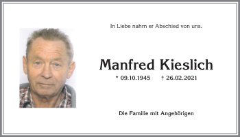 Traueranzeige von Manfred Kieslich von Allgäuer Anzeigeblatt