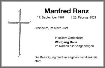 Traueranzeige von Manfred Ranz von Memminger Zeitung