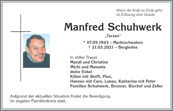 Traueranzeige von Manfred Schuhwerk von Allgäuer Anzeigeblatt