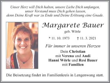Traueranzeige von Margarete Bauer von Allgäuer Zeitung, Marktoberdorf
