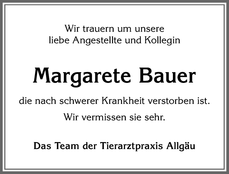  Traueranzeige für Margarete Bauer vom 17.03.2021 aus Allgäuer Zeitung, Marktoberdorf