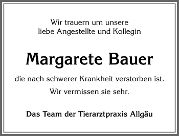 Traueranzeige von Margarete Bauer von Allgäuer Zeitung, Marktoberdorf