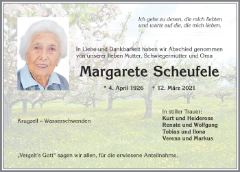 Traueranzeige von Margarete Scheufele von Allgäuer Zeitung,Kempten