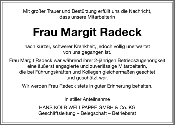 Traueranzeige von Margit Radeck von Memminger Zeitung
