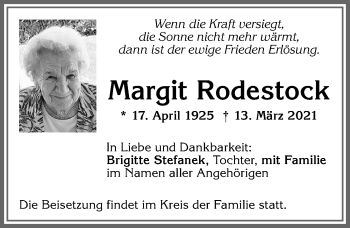 Traueranzeige von Margit Rodestock von Allgäuer Zeitung, Kaufbeuren/Buchloe