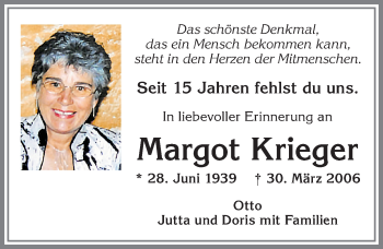 Traueranzeige von Margot Krieger von Allgäuer Zeitung,Kempten