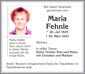Traueranzeige von Maria Fehnle von Allgäuer Zeitung,Kempten