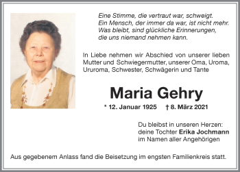 Traueranzeige von Maria Gehry von Memminger Zeitung