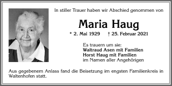 Traueranzeige von Maria Haug von Allgäuer Zeitung,Kempten
