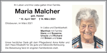 Traueranzeige von Maria Malcher von Memminger Zeitung