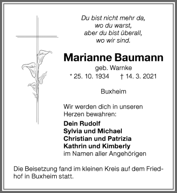 Traueranzeige von Marianne Baumann von Memminger Zeitung