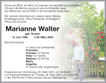 Traueranzeige von Marianne Walter von Memminger Zeitung