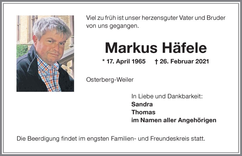  Traueranzeige für Markus Häfele vom 01.03.2021 aus Memminger Zeitung