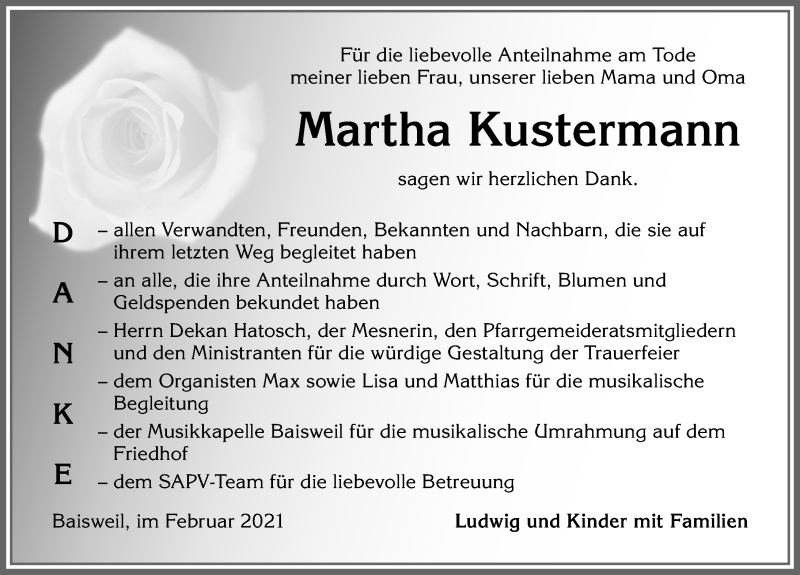  Traueranzeige für Martha Kustermann vom 06.03.2021 aus Allgäuer Zeitung, Kaufbeuren/Buchloe