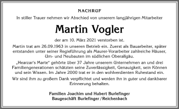 Traueranzeige von Martin Vogler von Allgäuer Anzeigeblatt